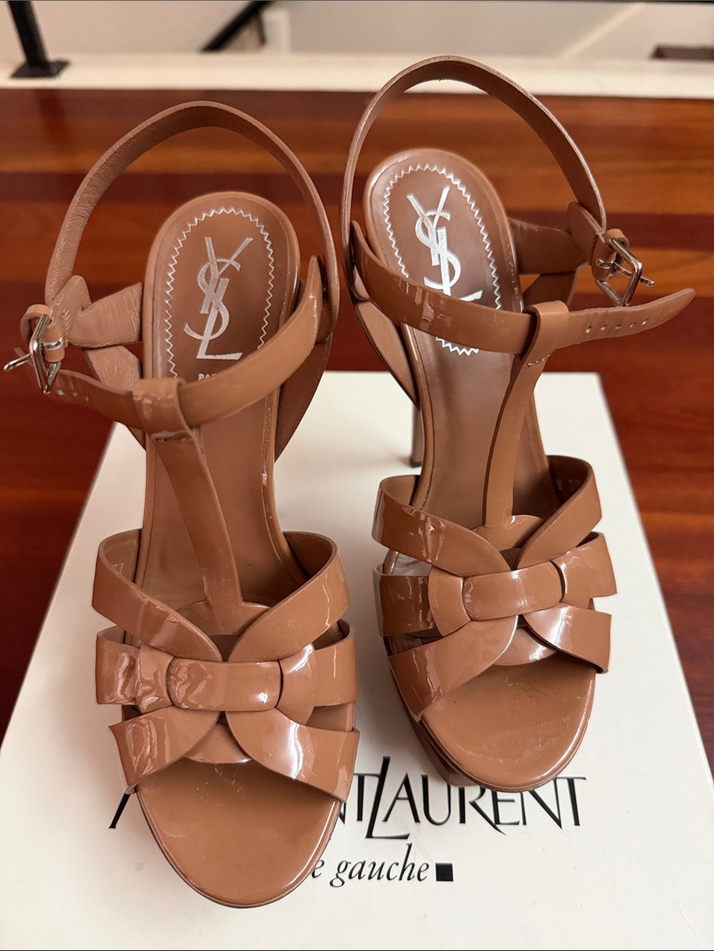 Saint Laurent Tan Patent Leather Knotted T-Strap Heels in Style Tribute